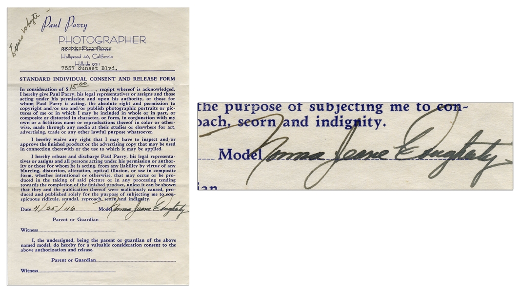 Marilyn Monroe Photographer's Release From 1946, Signed ''Norma Jeane Dougherty''
